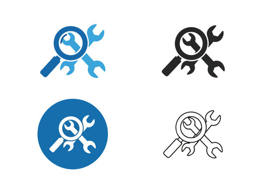 Magnifying glass with wrench icon set: Glyph and solid icon set - Icon vector - logo icons. Blue, Black and white icons