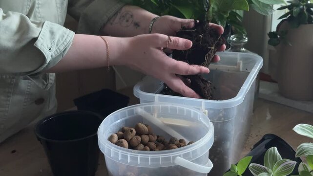 Hands gently removing soil from plant roots before repotting, slow motion houseplant care, indoor gardening, root cleaning, home plant maintenance.