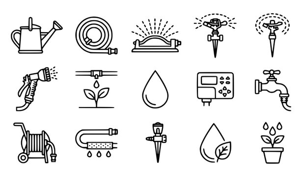 Gardening Irrigation Tool Line Art Icon Collection with Sprinklers Watering Cans Hoses and Eco Water Symbols