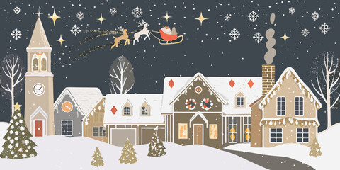 Winter Village Scene With Santa And Reindeer Illustrated Style © Mamata