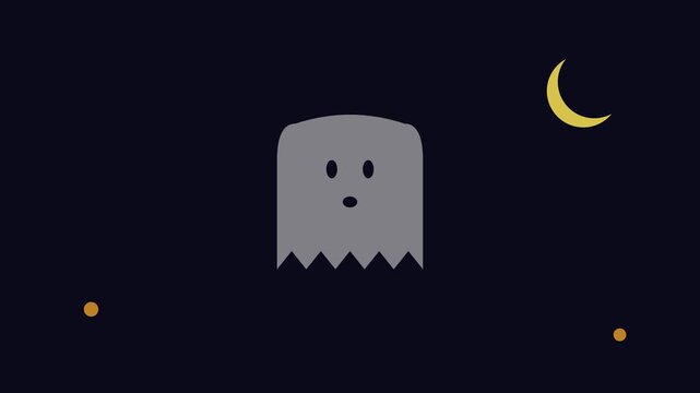 Cute ghost character floating in night sky with crescent moon minimalist 2 d animation 4k