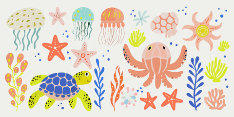 Marine Life Illustration With Jellyfish Starfish Turtle And Coral © Mamata