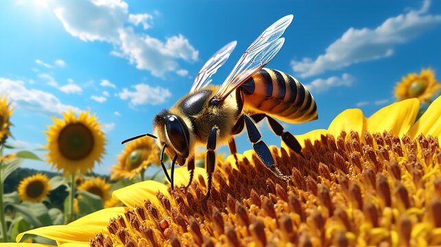 A bee collecting pollen from a vibrant sunflower in a sunny field