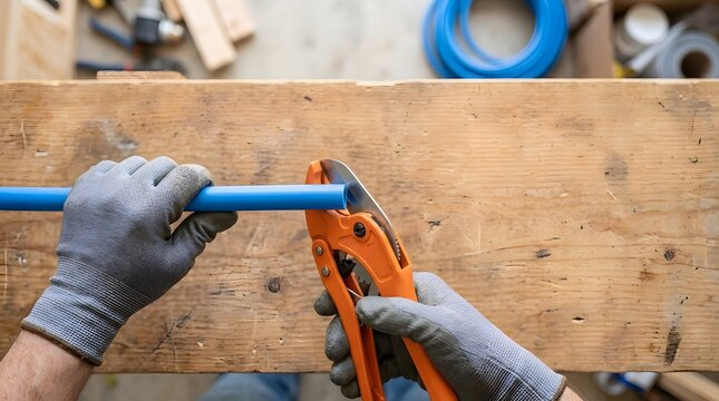 Professional plumber wearing protective gloves cuts blue pex pipe using orange industrial plastic tube cutter on wooden workbench in workshop area.