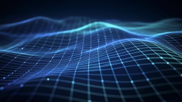Mesmerizing digital wave pattern with glowing blue lines flowing smoothly across grid, creating captivating visual experience