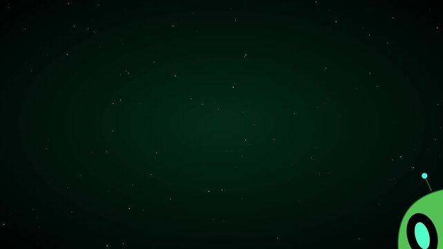 Cute green alien character peeking from corner on dark space animation 4k background, with stars