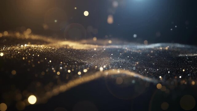 Mesmerizing wave of shimmering golden and silver particles undulating against dark background creates magical atmosphere of glow