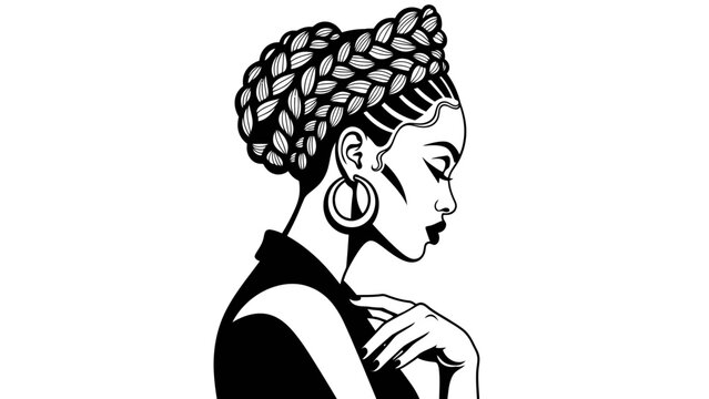 Black and white illustration of a woman with braided hair