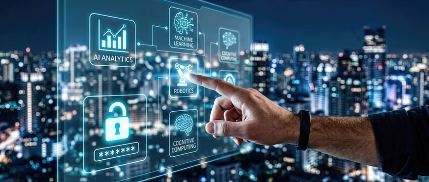 Futuristic business analytics interface with hand touching digital dashboard on a night city background symbolizing technology and data driven decisions