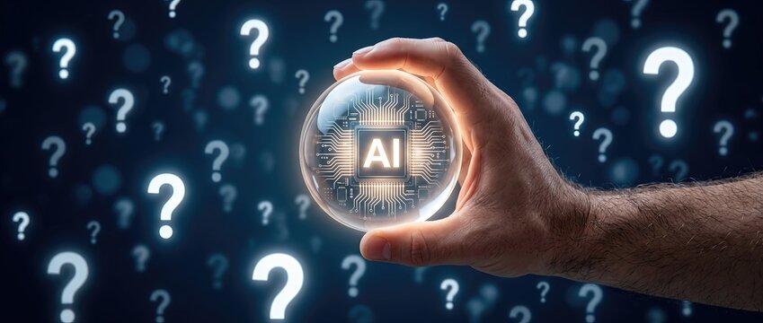 A hand holding a crystal ball with the word ai and circuit patterns surrounded by glowing question marks symbolizing the future of artificial intelligence and technology.