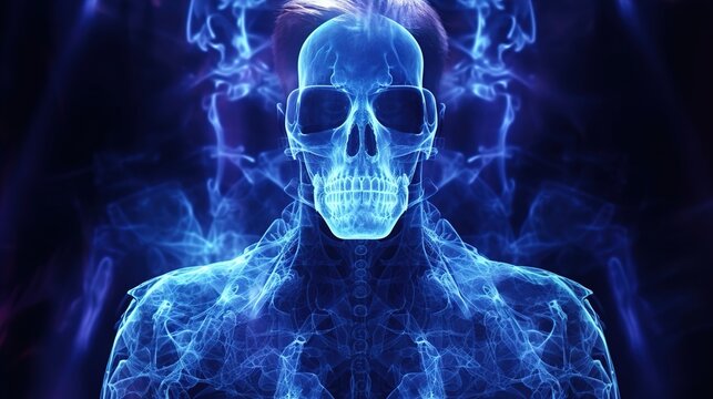 A glowing blue skeleton of a man with a mysterious and eerie background