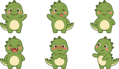 Fototapeta premium Cute Kawaii Baby Dinosaur Character Set with Different Expressions and Poses for Kids and Nursery Designs