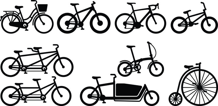 Bicycle Silhouette Icon Set with Tandem, BMX, Cargo, and Penny Farthing Bike Illustrations for Cycling Designs