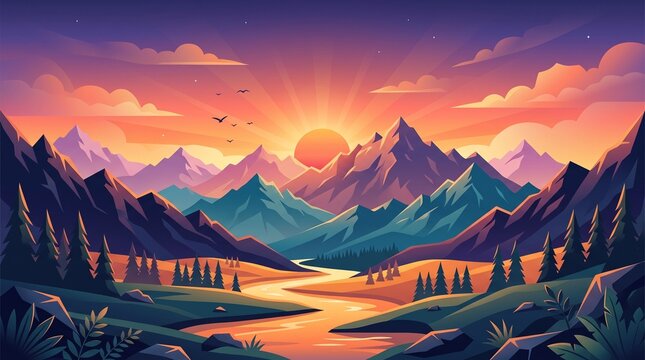 Panoramic Sunrise and Sunset Over Snow Capped Mountain Peaks Above Alpine Valley Forest and Clouds Landscape View