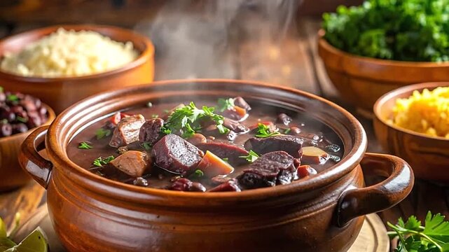 A steaming clay pot filled with a hearty meat and bean stew served on a rustic wooden table
