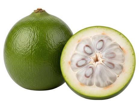 Fresh green star apple fruit whole and half isolated over transparent background