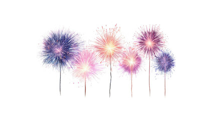 Obraz premium Vibrant multicolored fireworks display elements arranged in a row for festive celebrations isolated on transparent background with collection six stylized firework bursts varying shades purple