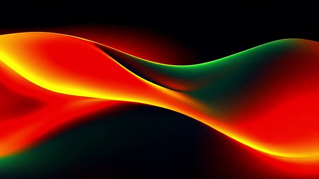 Abstract background with smooth flowing waves of vibrant red orange and green light.