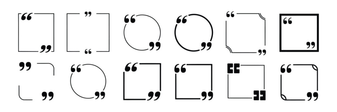 Quote frame icons with square, circle, rounded, and speech bubble style variations in clean minimalist vector graphics for social media templates, dialogue posts, marketing content, and digital storyt