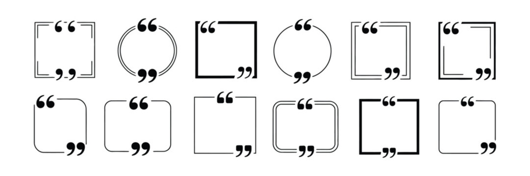 Quote frame icons featuring square, circular, rounded, and speech bubble styles with clean minimalist vector graphics for social media posts, inspirational quotes, messaging, branding, and content cre