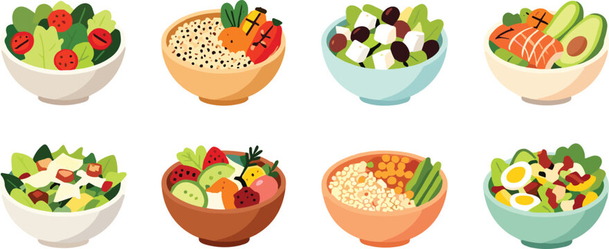 Collection of healthy salad and grain bowls vector illustration isolated on white background