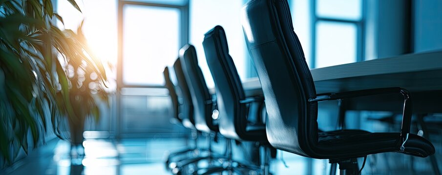 Empty conference room with modern chairs and bright sunlit windows