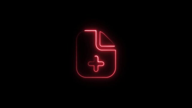 Neon medical cross symbol glowing in dark background. Vibrant red plus sign icon for healthcare and emergency services.