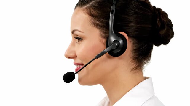 Close-Up Profile of a Businesswoman with a Headset on a White Background, 4K Video.