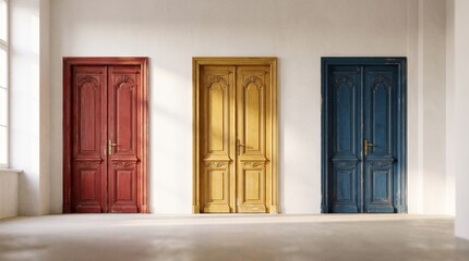 Fototapeta premium Three Vintage Style Doors in Red Yellow Blue Color Options