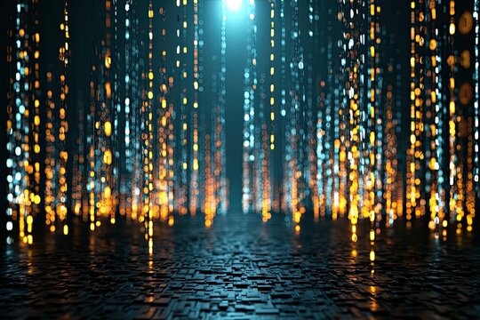 Digital rain of binary code falls through a dark, futuristic space