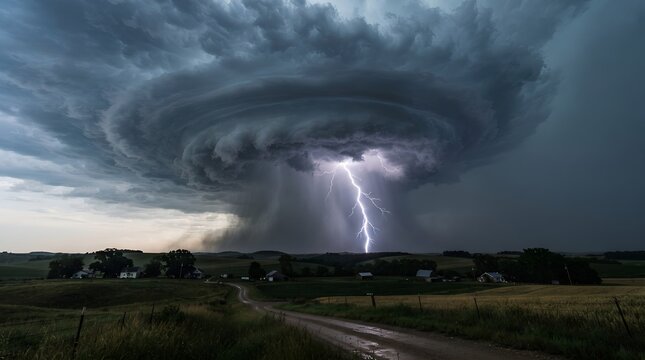 Dramatic supercell thunderstorm with a massive rotating mesocyclone cloud and bright lightning flash over a rural countryside