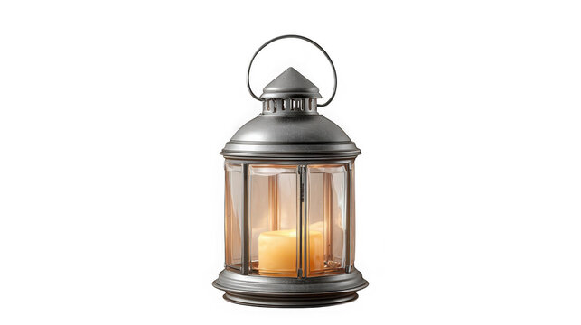 Vintage metal lantern with glowing pillar candle inside decorative antique home accessory isolated on transparent background with metallic lantern housing classic dark metallic