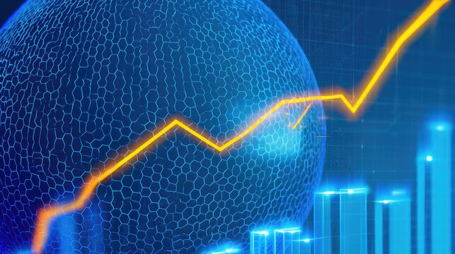 Glowing blue sphere with orange graph line and digital bar chart
