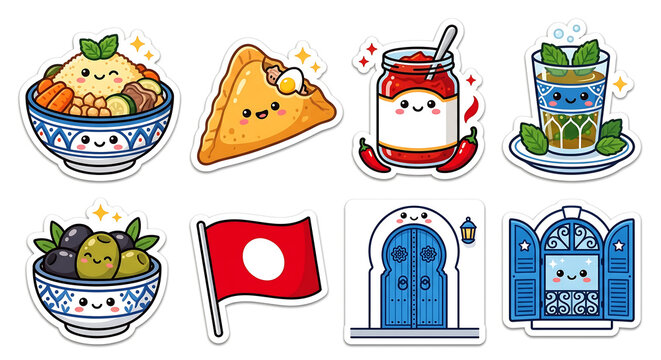Cute Tunisian Food Sticker Pack &ndash; Couscous, Brik and Tunisia Icons Kawaii Flat Illustration Set