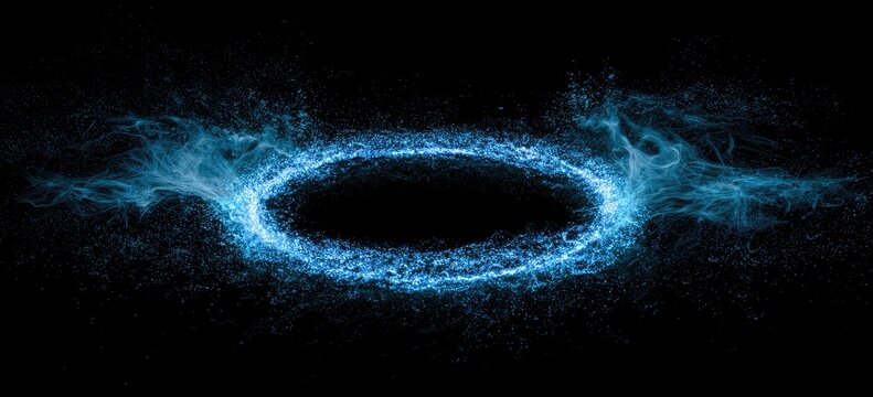 Glowing blue particles forming an elliptical portal with wisps of light against black