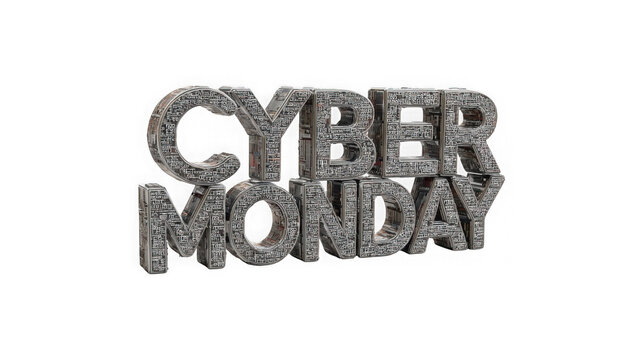 Cyber monday three dimensional metallic typography featuring intricate circuit board pattern details isolated on a transparent background with textures presented standalone