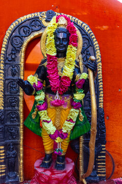 Hindu god ram idol made with fiber on display. Selective focus with negative space.