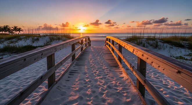 Golden sunset over calm river with wooden pier.