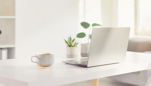 Minimalist white desk with small potted plant and cup