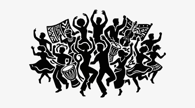 Silhouette of joyful dancing figures in celebration.