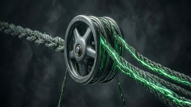 Pulley system redirecting glowing green rope through a dark void