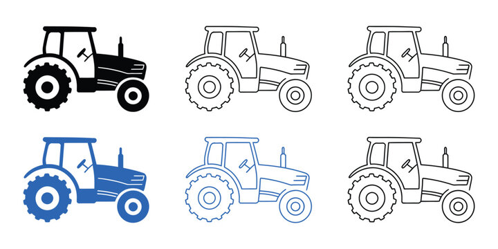 Tractor icons with agricultural vehicle, farm machinery, and cultivation symbol variations in silhouette and outline styles using clean minimalist vector graphics for rural equipment, harvest, and agr