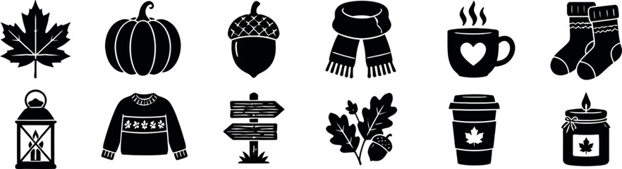 Autumn and fall icons set cozy seasonal elements for design projects © Rifat