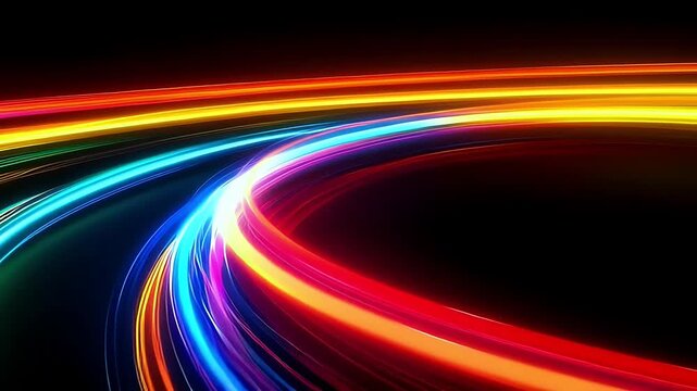 Abstract background with glowing neon light trails in motion.