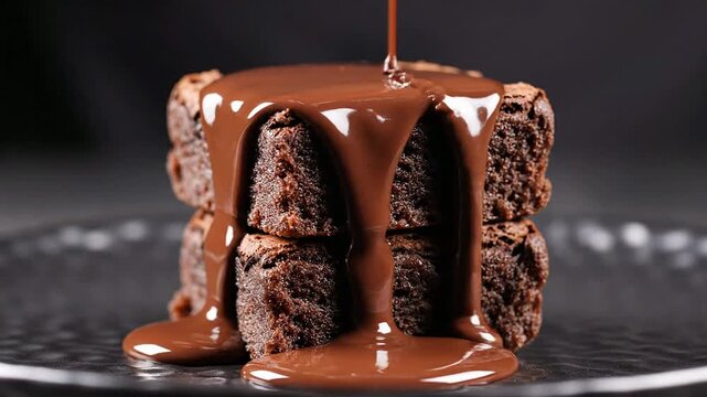 Decadent Chocolate Syrup Flowing Over Fluffy Brownie Squares For Tempting Dessert Visuals Ideal For Food Photography