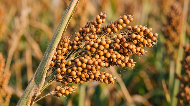 Ripe Sorghum Grain Cluster Hanging on Stem in Golden Field