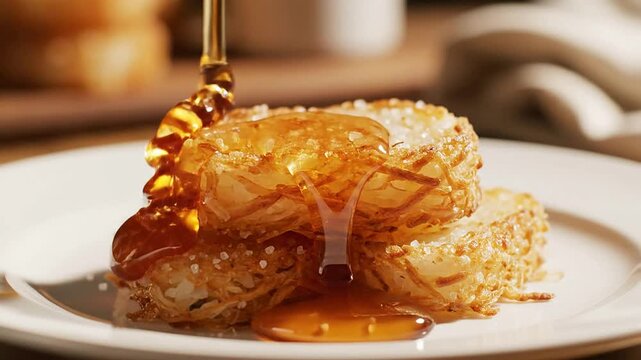 Delicious Maple Syrup Dripping Over Crispy Breakfast Hash Browns in a Gourmet Style Presentation