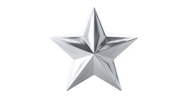 A single polished metallic five pointed star with sharp beveled edges and a reflective surface presented on a transparent background with smooth reflective surfaces single three dimensional