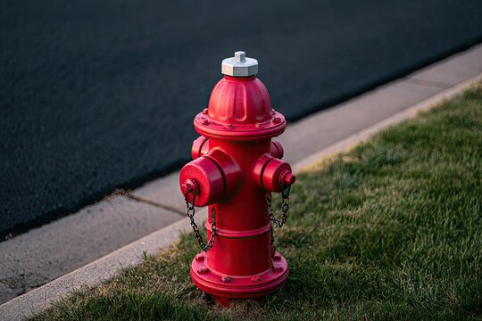 Red fire hydrant stands on lush green grass beside a paved street