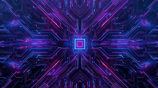 Symmetrical digital circuitry glows with vibrant neon pink and electric blue light